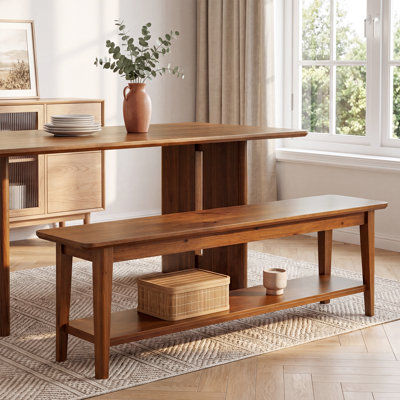 55" Farmhouse Dining Bench with Storage Shelf, 2 Person Wooden Dining Room Seating with Solid Wood Legs, Long Bench for Kitchen