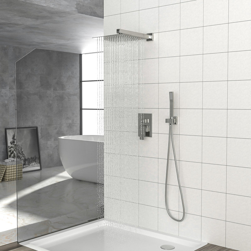 Brushed Nickel 12 Inch Wall Mounted Dual Shower System, Balanced Valve, Rainfall And Handheld, 360 Adjustable Spray Square With Finish, - Scald Handheld For Comfort Filled Showers