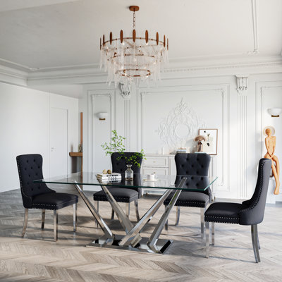 Modern Glass Dining Table, 63" Cross-Leg Stainless Steel Base And Velvet Upholstered Tufted Nailhead Chairs