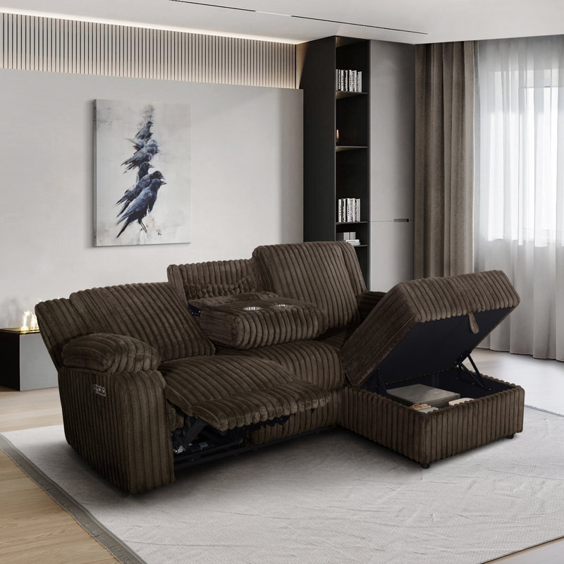 Canapé modulaire inclinable électrique avec méridienne et rangement Corduroy, Chocolat