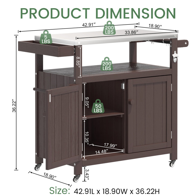 Chariot extérieur pour barbecue, îlot de cuisine avec plateau et armoire de rangement en acier inoxydable, table de préparation, résistant aux intempéries