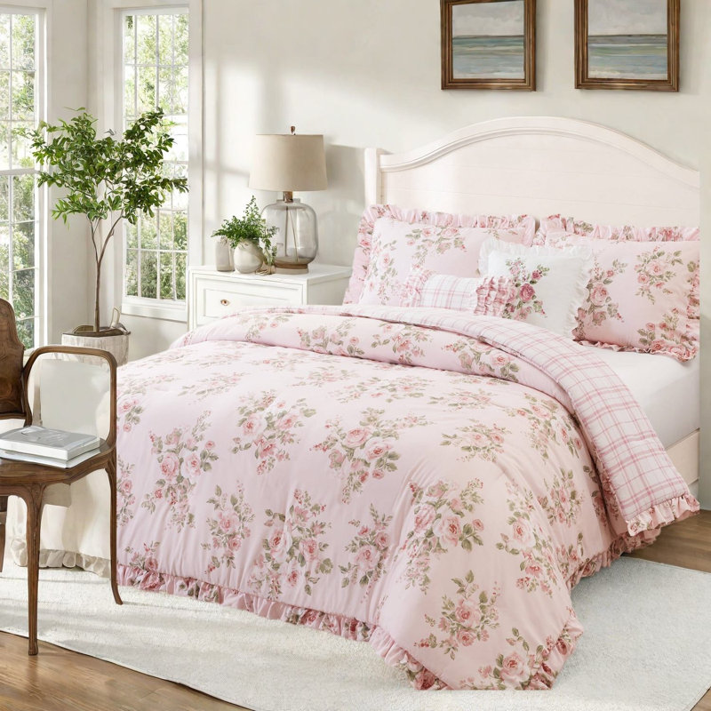 Ensemble de literie pour grand lit, édredon en microfibre rose pour chambre à coucher