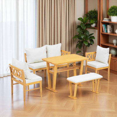 Small Farmhouse Solid Wood Kitchen Nook Dining Room Breakfast Nook Table Set For 6, Space Saving High Top Corner Dining Table With Bench And Chairs (6 Piece)