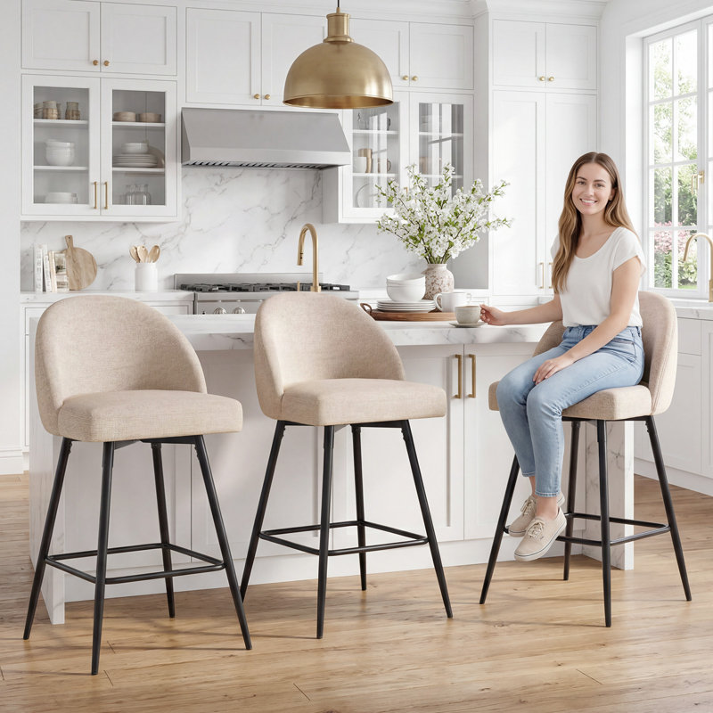 Swivel Bar Stools Set Of 3, Counter Height Bar Stools With Back & Metal Legs-Linen, Tan/Chenille