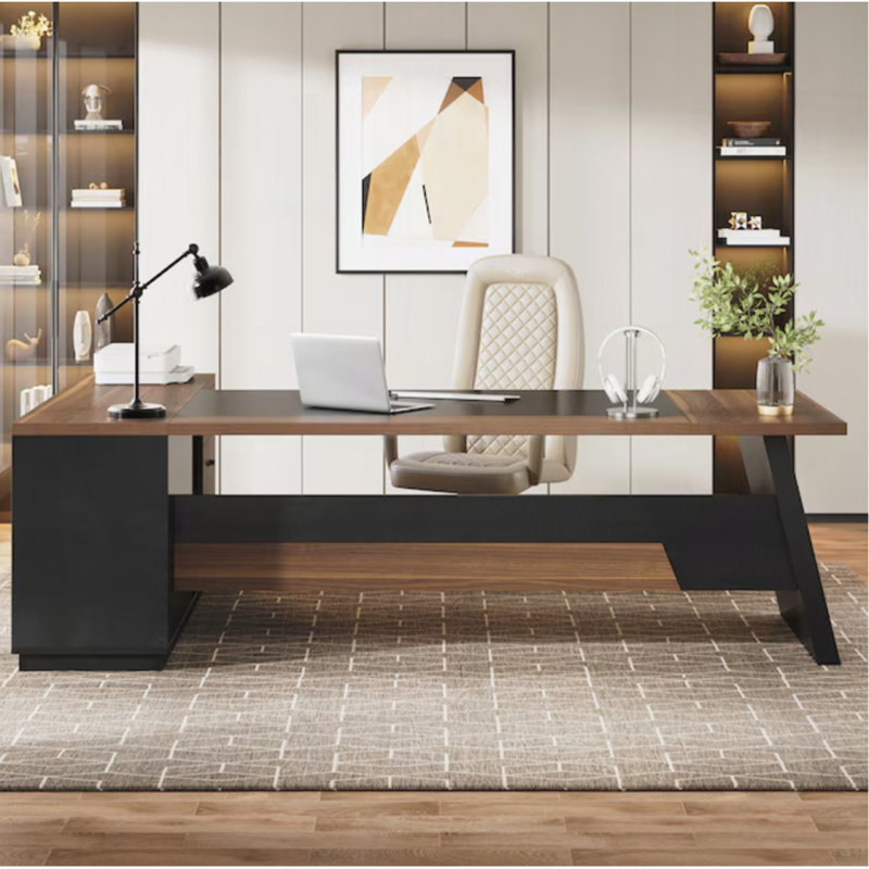 78.7" L-Shaped Executive Desk with File Cabinet and Drawers, Black/Walnut