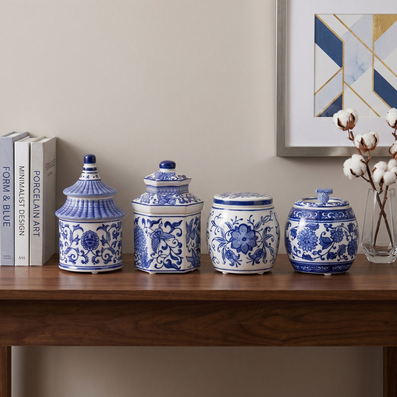 Hand-Painted Chinoiserie Ceramic Scented Candle Set with Lids – Assorted Sandalwood, Plumeria, Lavender Verbena & Peony Fragrances for Home Décor (Set of 4) – Blue & White