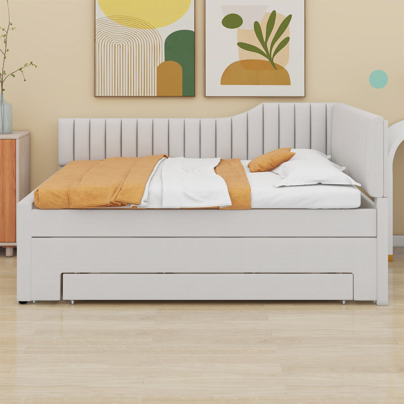 Lit de jour rembourré avec lit gigogne et trois tiroirs, Beige, Double