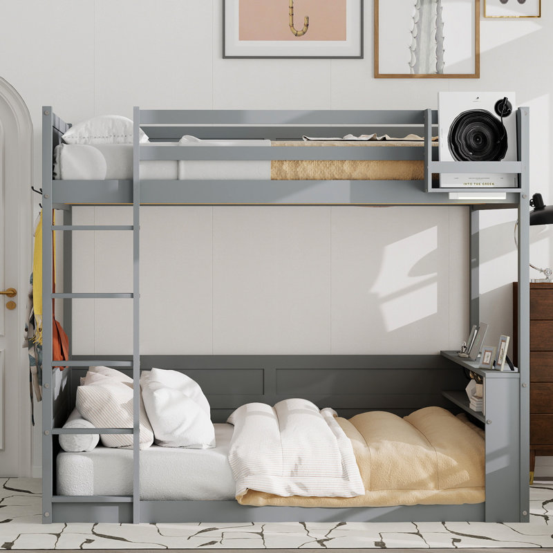 Structure de lit superposé Roomfitter avec tablettes, boîte de rangement, ports USB et lumière, design loft en bois pour espaces modernes, gris
