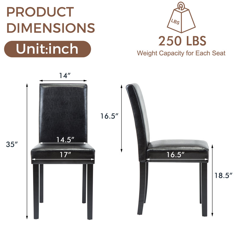 Chaises de salle à manger rembourrées en bois massif H 18,9 po, Cuir noir