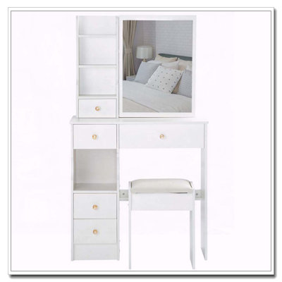29.2" Small Space Vanity Table with Sliding Mirror, Stool and High Capacity Storage