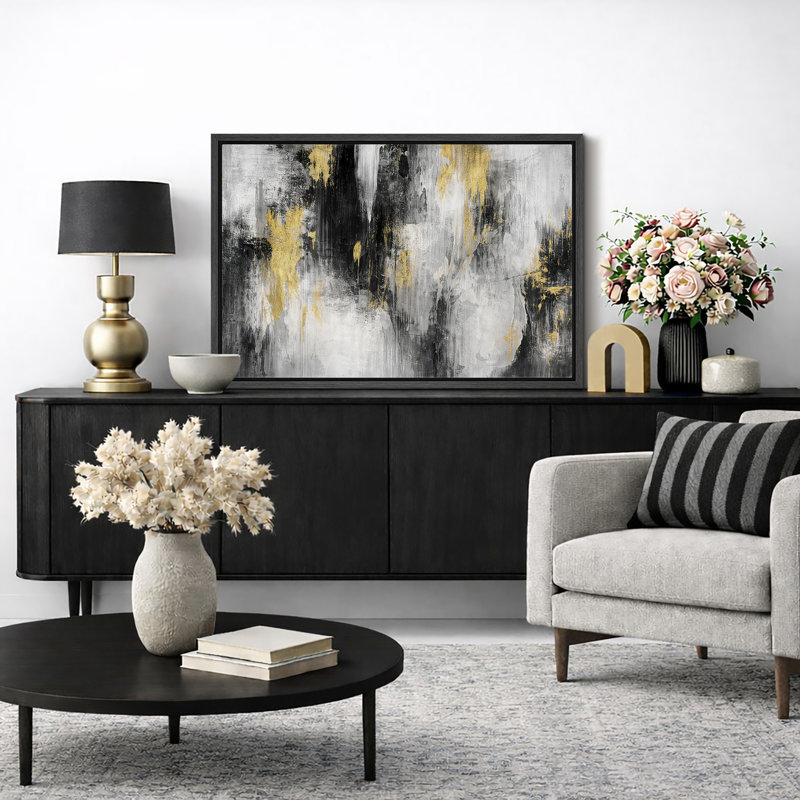 Abstrait abstrait or noir, art abstrait vertical, photos de salon contemporain, impression sur toile encadrée, Cadre noir