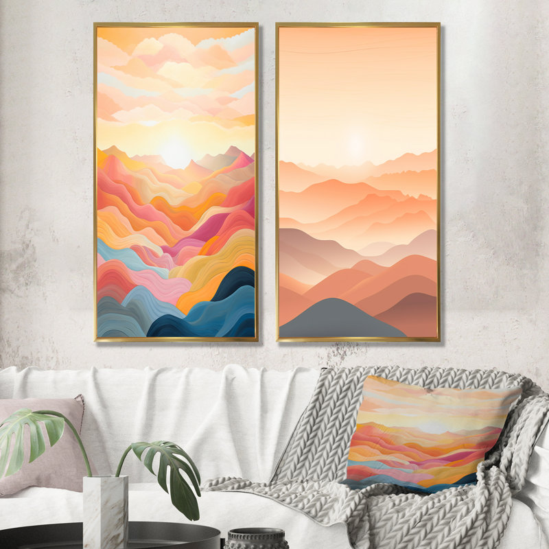 «Bold Sunset Mountain Horizon», ensemble d'art mural sur toile Sunset, Cadre flottant doré, H 40 po x l 41 po