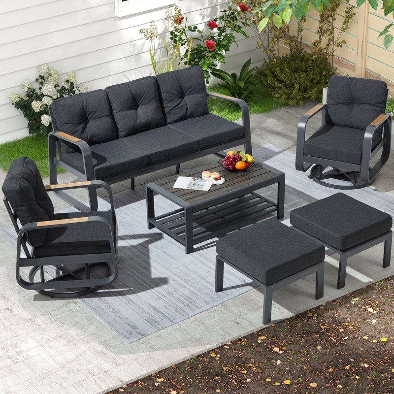 Ensemble de conversation d'extérieur pour 5 personnes avec coussins, Noir