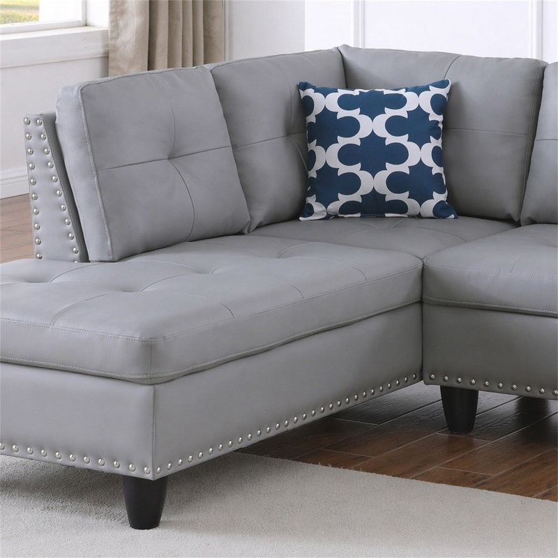 Faux Leather Sectional Sofa With Ottoman, Grey Faux Leather