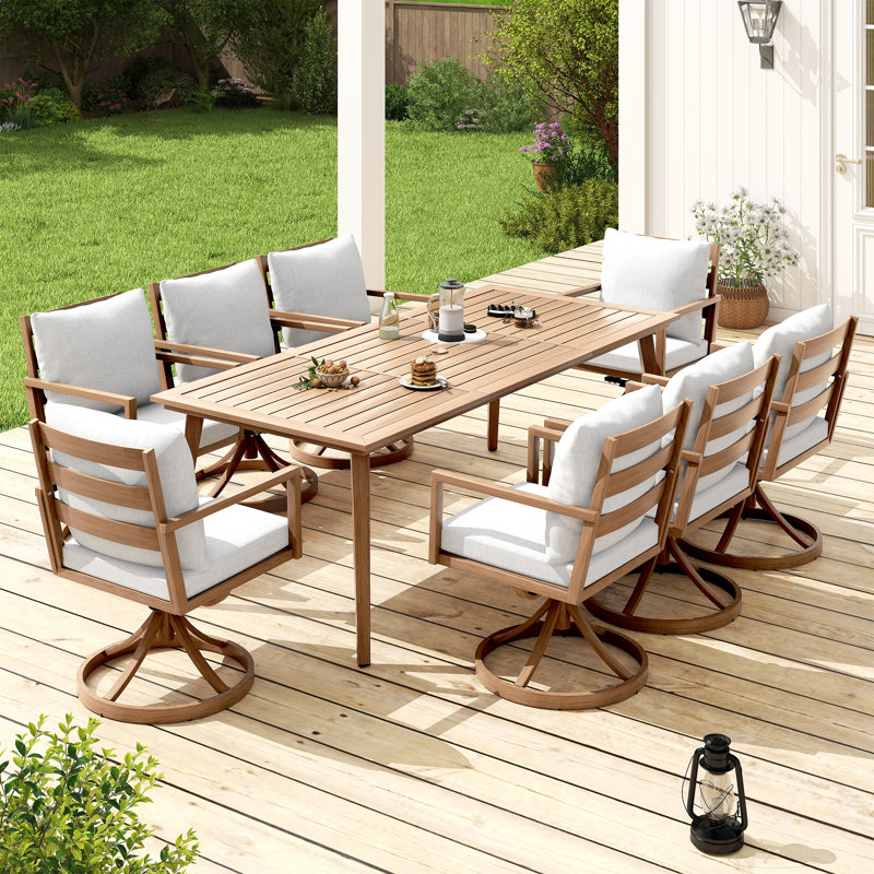 Michael 9-Piece Brown Aluminum Patio Dining Set With Rectangular Table, 8 Swivel Dining Chairs And Light Gray Cushions