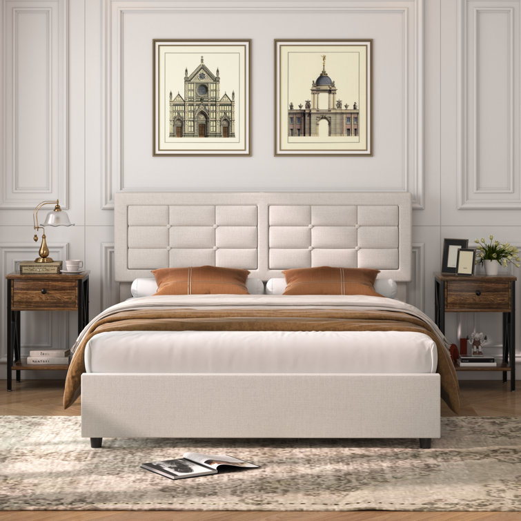 Queen Size Bedroom Set Upholstered Bed Frame With With Charging Station, Nightstand Set Of 2 With Storage