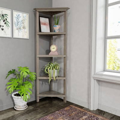 4-Shelf Tall Wood Corner Bookcase with Open Bookshelves, Washed Gray, 1PC