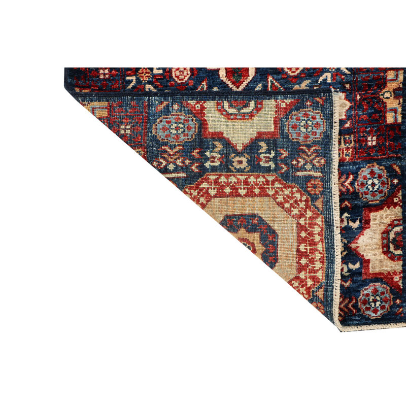 Hand-Knotted High-Quality Navy, Red, and Beige Runner