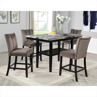 Ensemble de salle à manger rectangulaire en faux marbre avec chaises en velours, noir et brun élégant, 4 places, pour la cuisine ou la salle à manger
