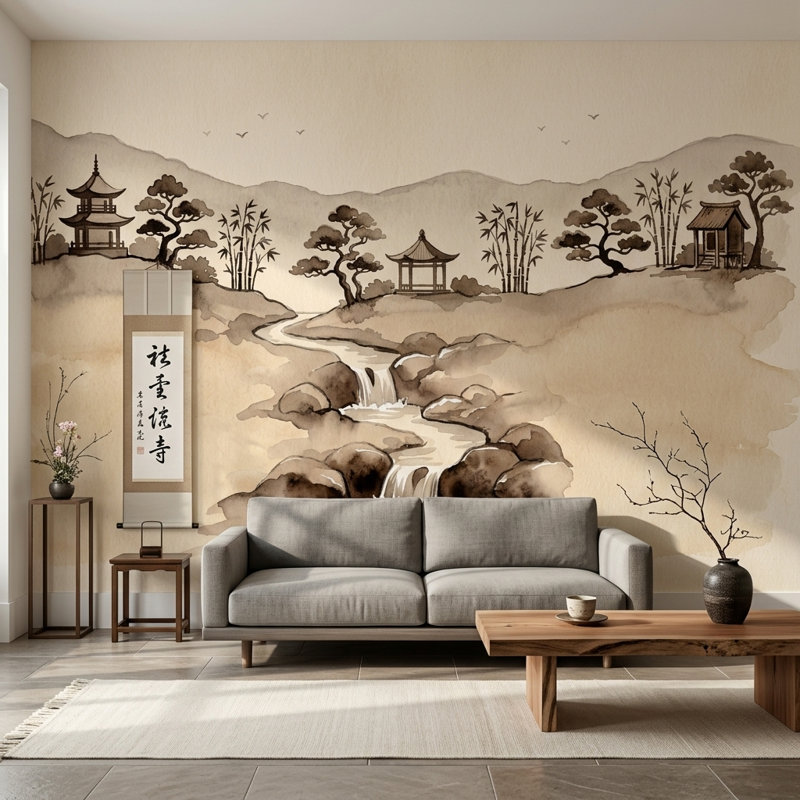 Décoration murale amovible en forme de paysage aquarelle, 200 po x 120 po, Texturé non collé