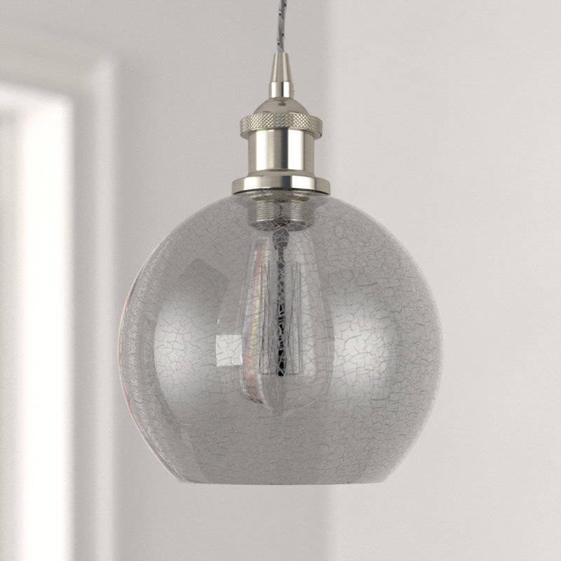 Luminaire suspendu sphère 1 lumière Baptista, Nickel satiné brossé, Transparent craquelé, Ampoule DEL 6 watts Vinage
