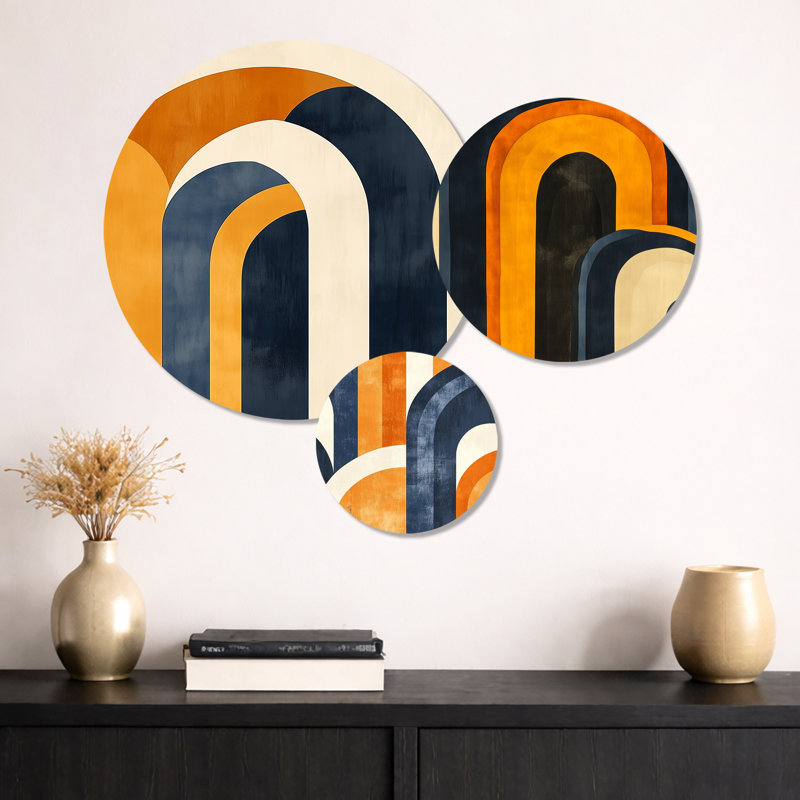 «Bold Arch Play in Mustard and Blue», ensemble de 3 reproductions d'art murales abstraites en métal