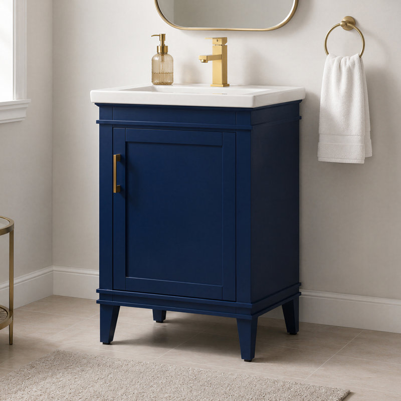 Arzola 24'' Freestanding Single Bathroom Vanity with Ceramic Top, Navy Blue