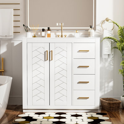 36-Inch Bathroom Storage Cabinet With Ceramic Sink, Solid Wood Frame, , Three Drawers, Doors, Ample Storage, Retro Style Vanity Sink , And Smooth Drawer Slide, Hinges, Modern Style, Exquisite Handles