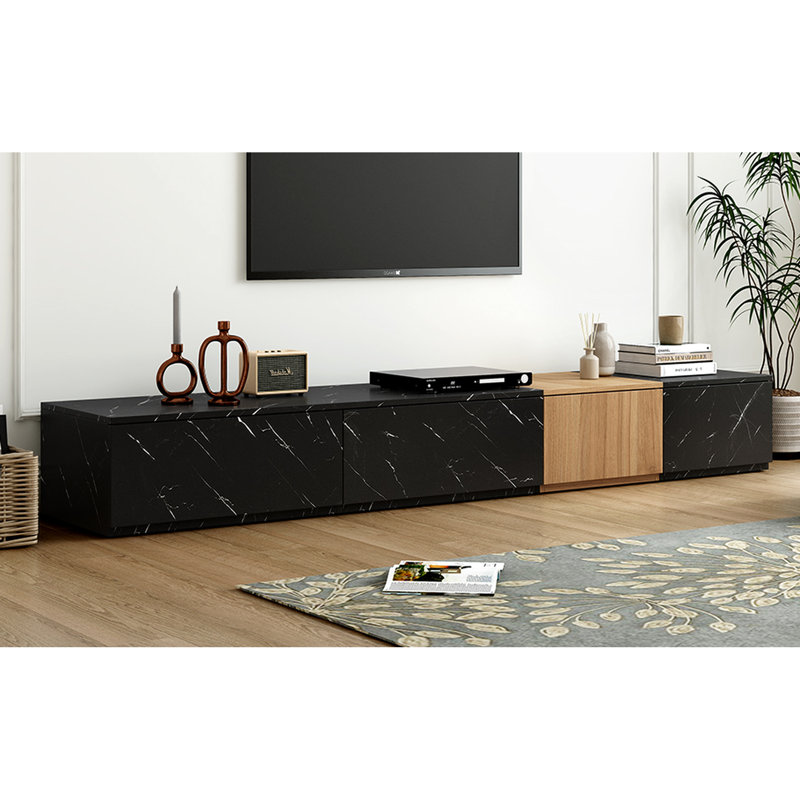 Contemporary Tv Stand With Faux Marble & Walnut, 4 Storage Drawers, Fits 88" Tvs, Black Living Room Essential Surface Drawer Storage, For Decorative Option Accessory Piece