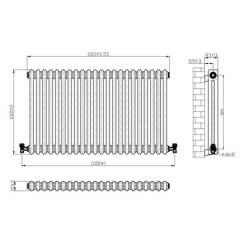 iBathUK Helena MKII Raw Metal 2 column radiator-Raw Metal, 600cm H x 1010cm W x 70cm D