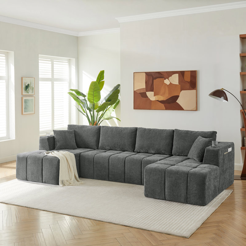Canapé modulaire en U de 132 po en velours côtelé de style nuage avec poches latérales pour le salon, aucun assemblage requis