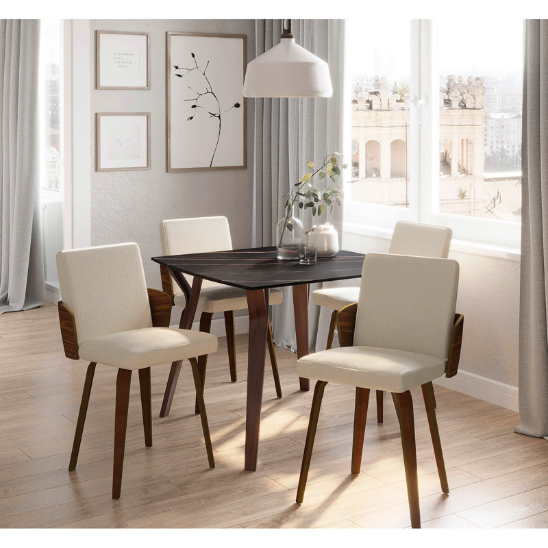 Table de salle à manger d'intérieur de style moderne du milieu du siècle avec cadre en bois de noyer, plateau en marbre noir texturé, pieds courbés, hauteur fixe, quatre places assises, profondeur 99,6 cm, largeur 76,8 cm, poids 25,4 kg, assemblage requis