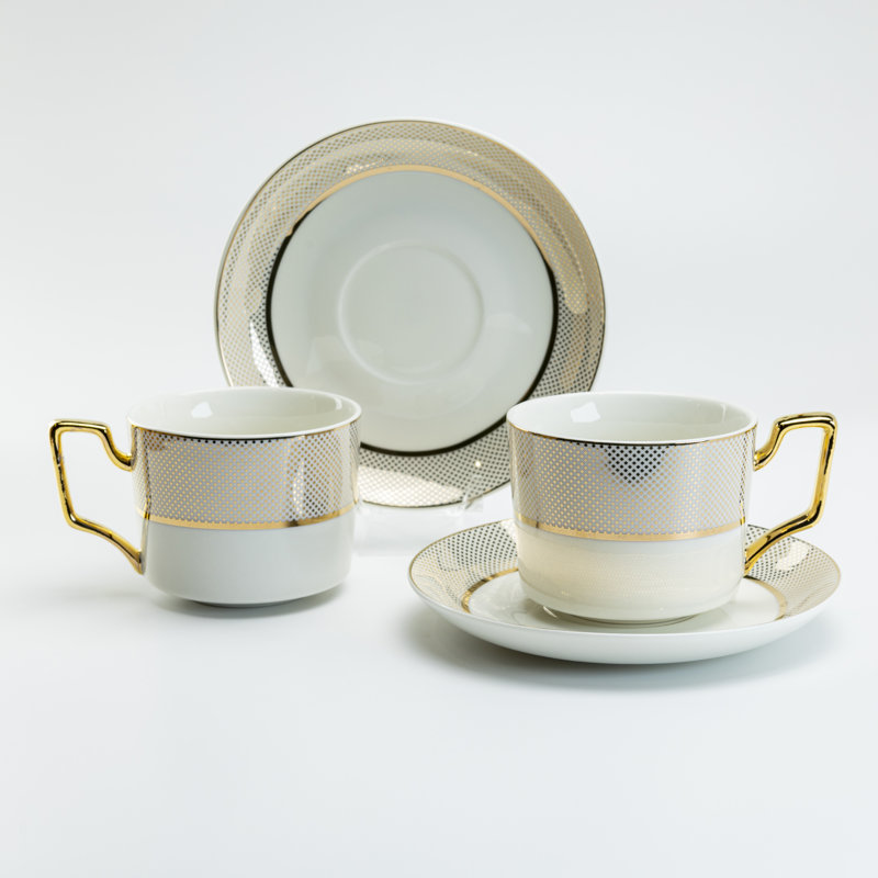 Tasse à café et soucoupe à pois dorés dorés, ensemble de 2