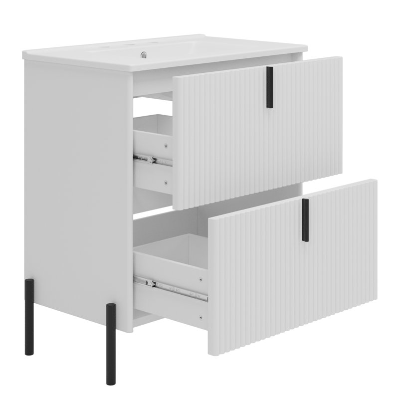 Meuble-lavabo élégant avec lavabo en céramique et rangement pleine extension, Blanc