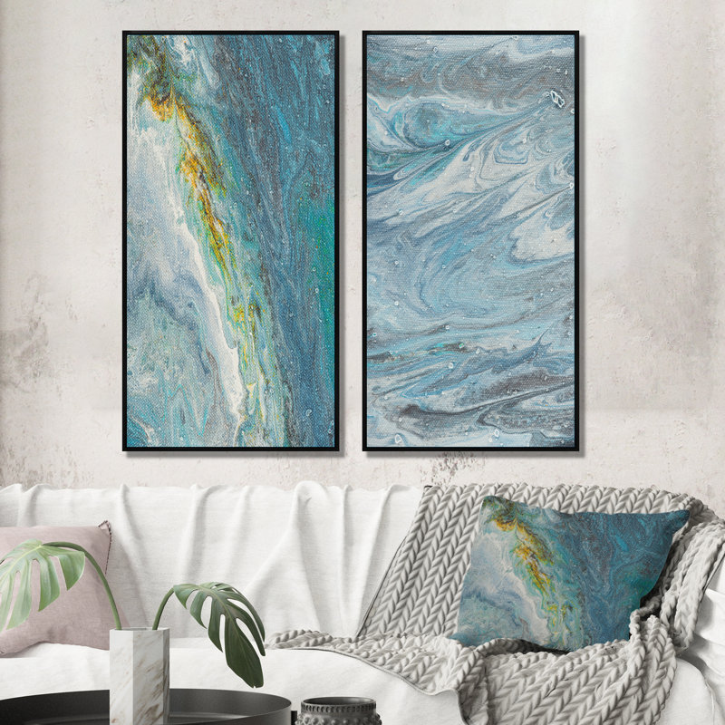 «Light Blue and Gold Abstract Landscape», ensemble de 2 peintures sur toiles, H 40 po x l 40 po x P 1 po, Cadre flottant noir