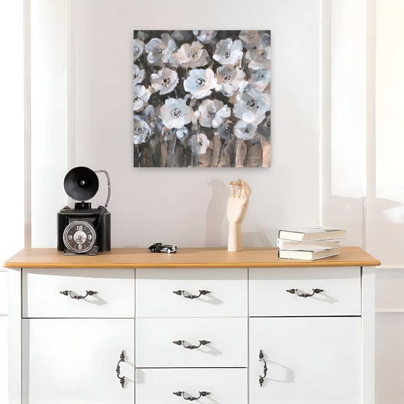 Contemporain Malmo en fleurs avec art abstrait noir, H 18 po x l 18 po