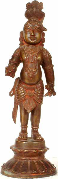 Statue de 11 po Krishna pour tout-petits en laiton avec boule de beurre - artisanat indien authentique fabriqué à la main, divinité de la joie et de l'enfance, décor spirituel de table, autel inspirant pour la maison
