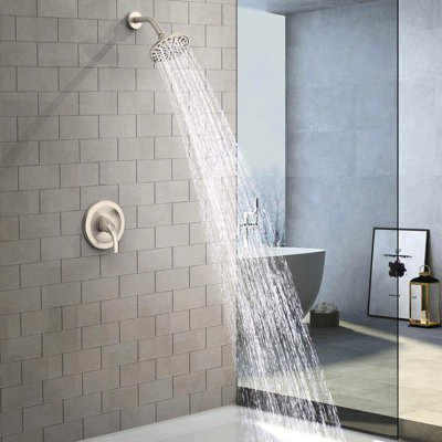 Pomme de douche à une poignée à 6 jets avec installation murale, valve brute incluse, joint réglable à 360 °, trous, levier pour le réglage de la température, fabrication en plastique nickel brossé