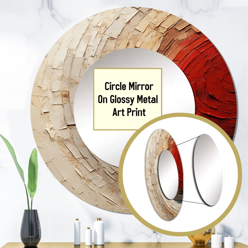 Saidas Beige Red Spiral Poteries I - Abstract Spirals Large Mirror, Modern Round Unique Wall Mirror Decor, Printed Metal Art