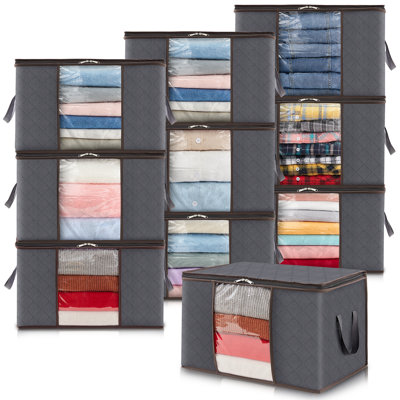 10 Pack Clothes Storage, Foldable Storage And Organization, Storage Bins With Lids, Blanket Storage With Clear Window, Closet Storage With Reinforced Handles For Clothing, Bedding, Gray