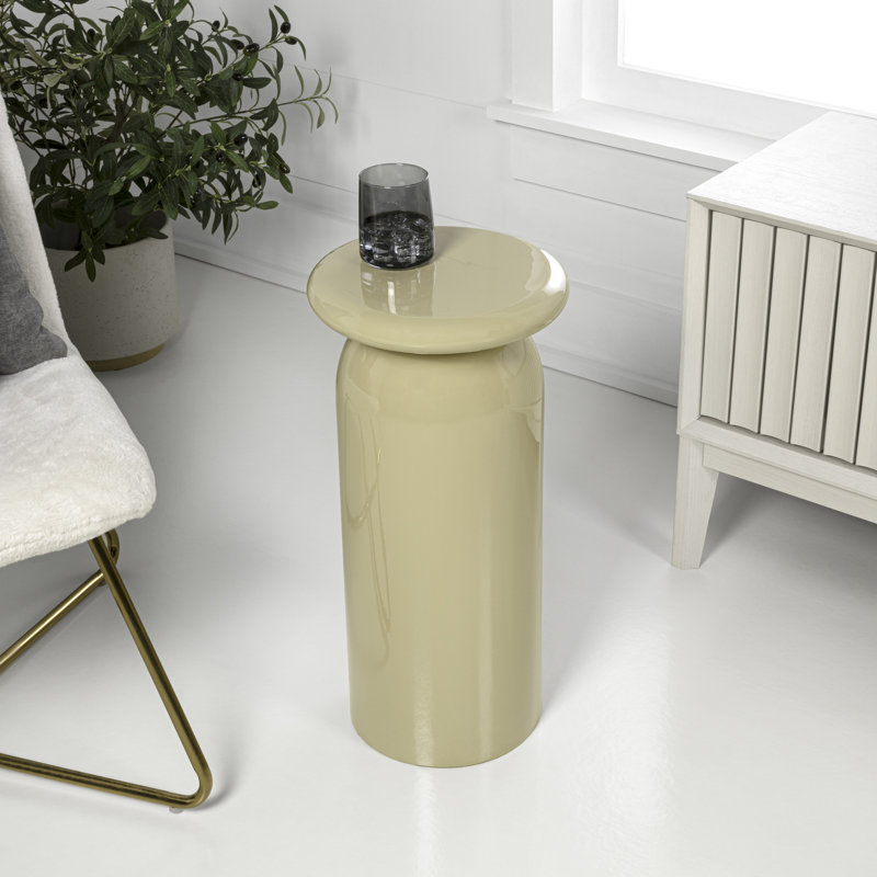 Miles 22.75" Modern Glossy Almond Metal Round Drink Table - Sleek Cylinder Mushroom Pedestal Accent End & Side Table for Living Room & Bedroom