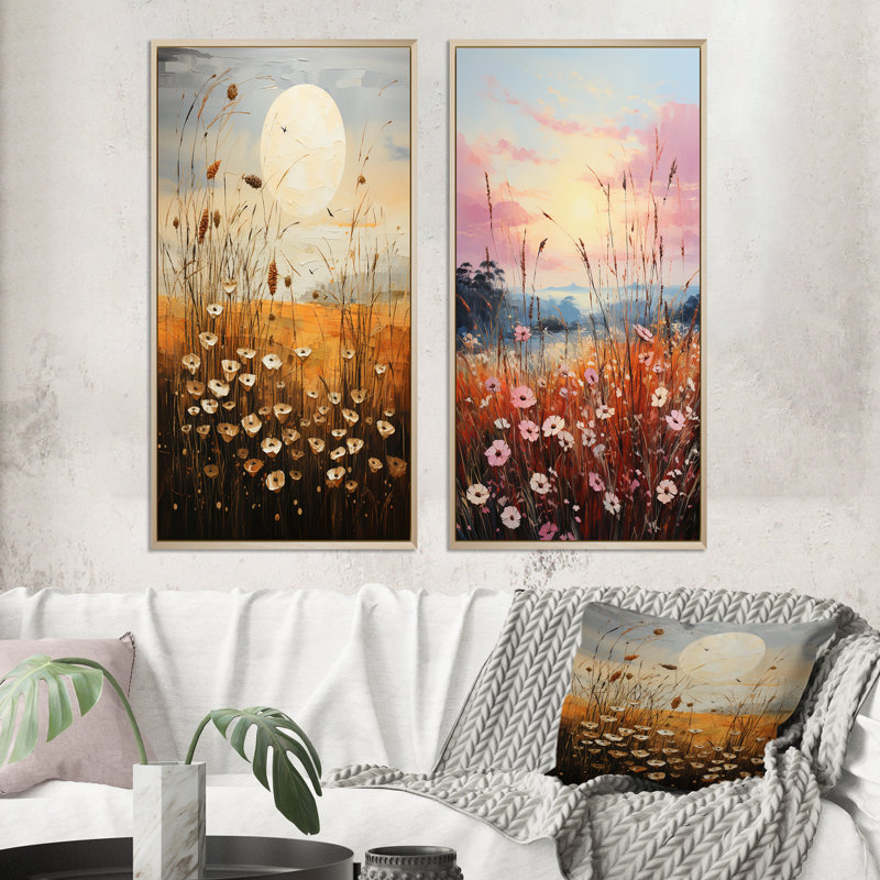 «Meadow Grasslands Pointillism» 2 - pièces sur, Encadrement brun, H 40 po x l 40 po