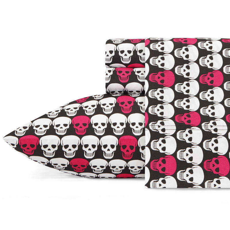 Betsey Johnson Printed Novelty Sheet Sets, Skulls Pink, Twin Sheet Set with 1 Standard Pillowcase