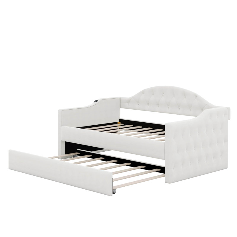 Twin Tufted Velvet Upholstered Daybed With Trundle, Beige