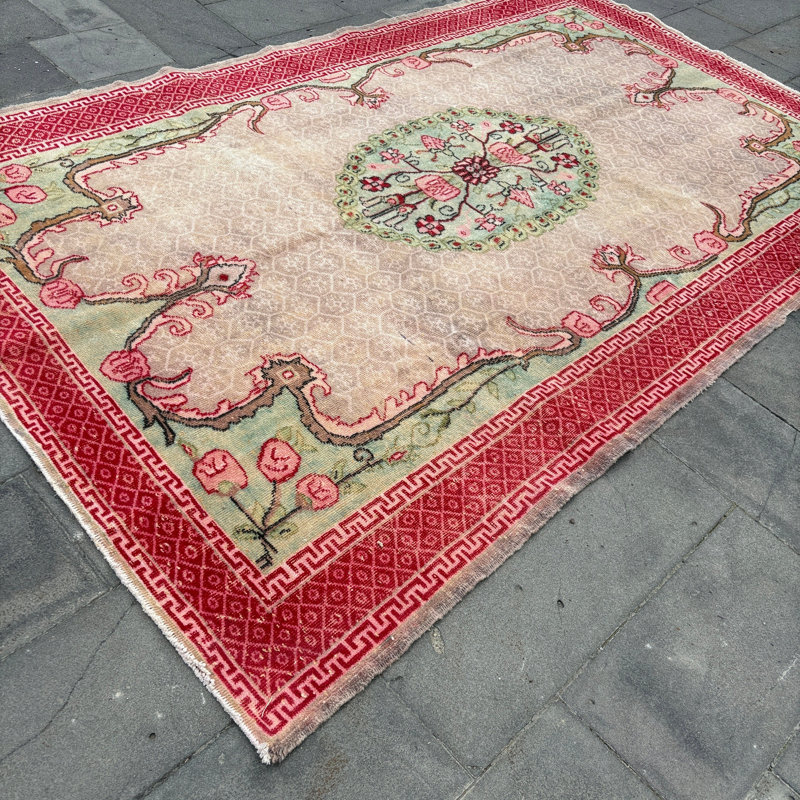 Grand tapis turc Oushak rétro avec motif en médaillon beige pour les salons et les salons