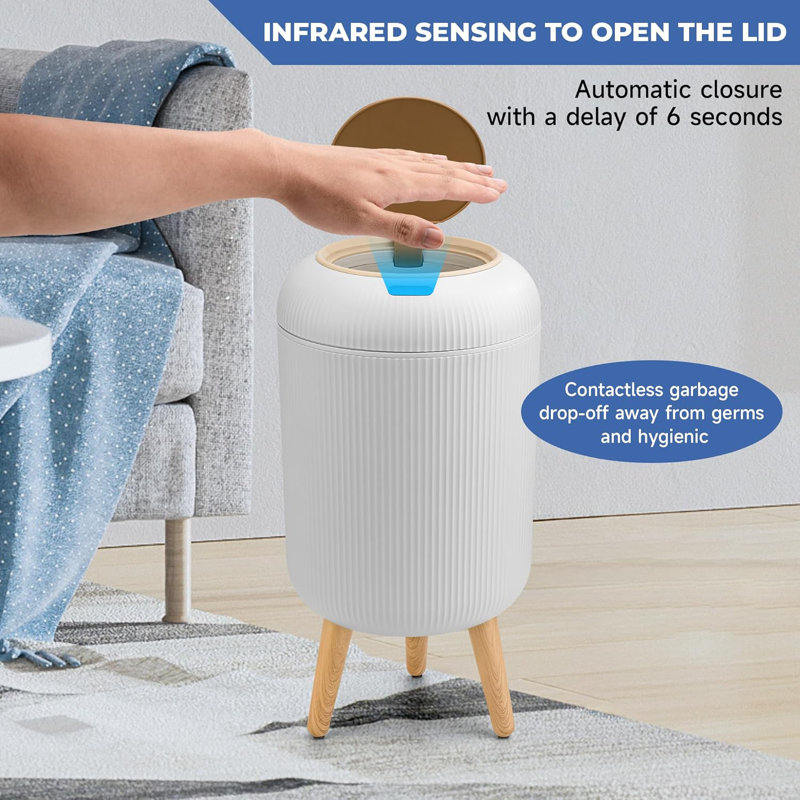 White Plastic Touchless Sensor Wastebasket with Wooden Legs