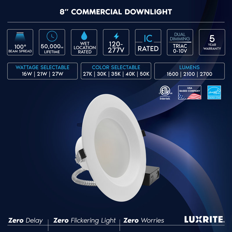 Luxrite Luminaire encastré commercial à DEL, Downlight Canless avec J-Box, 5CCT, à intensité variable, 16W-27W, jusqu'à 2700LM, calibre IC, 120-277V, garniture de cloison ETL