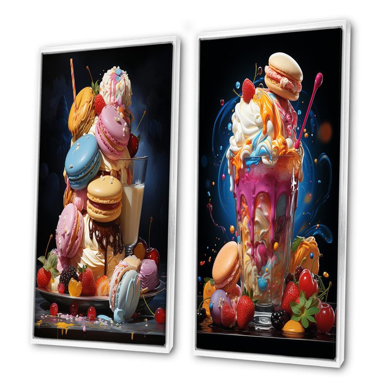 «Whimsical Sweets Macaron - Desserts», ensemble d'art mural sur toile, Cadre blanc, H 28 po x l 25 po