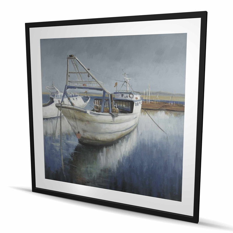 Bateau de pêche bleu - décor de bord de mer mat encadré, H 48 po x l 48 po, Noir