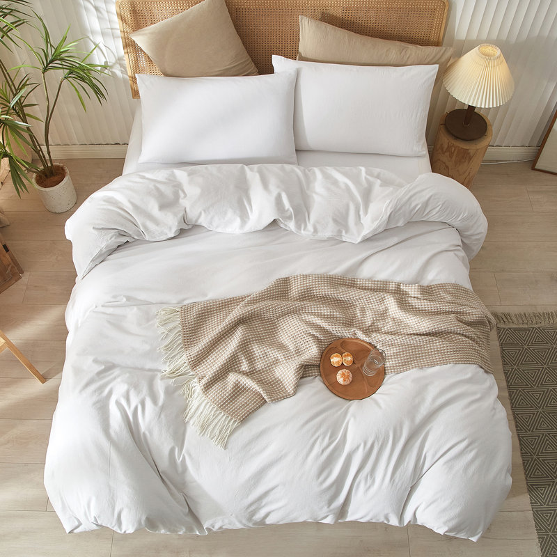 Ensemble de housse de couette 100% coton délavé LifeTown, Housse de couette double et 2 taies d'oreiller, Blanc brillant